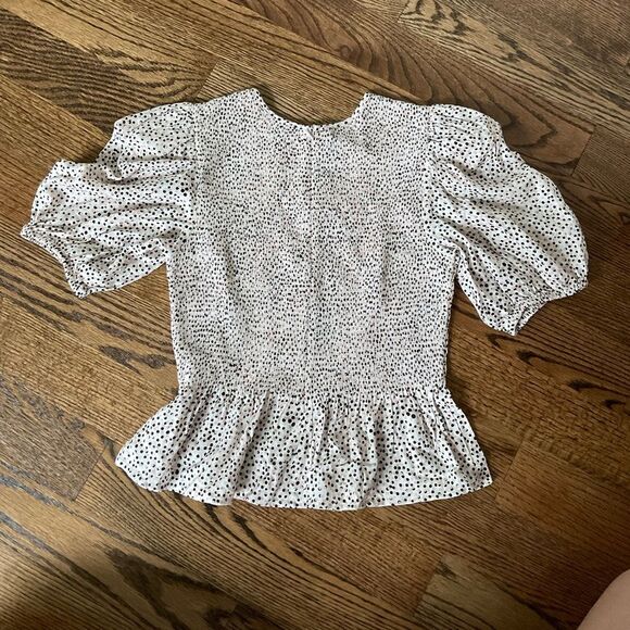 Express Polka Dot Smocked Peplum Top Pink, White, and Black - Picture 4 of 4